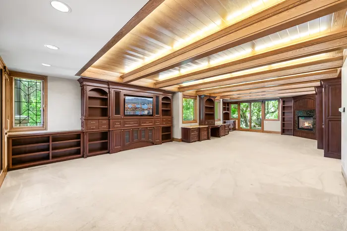 Wood-paneled living room with integrated lighting